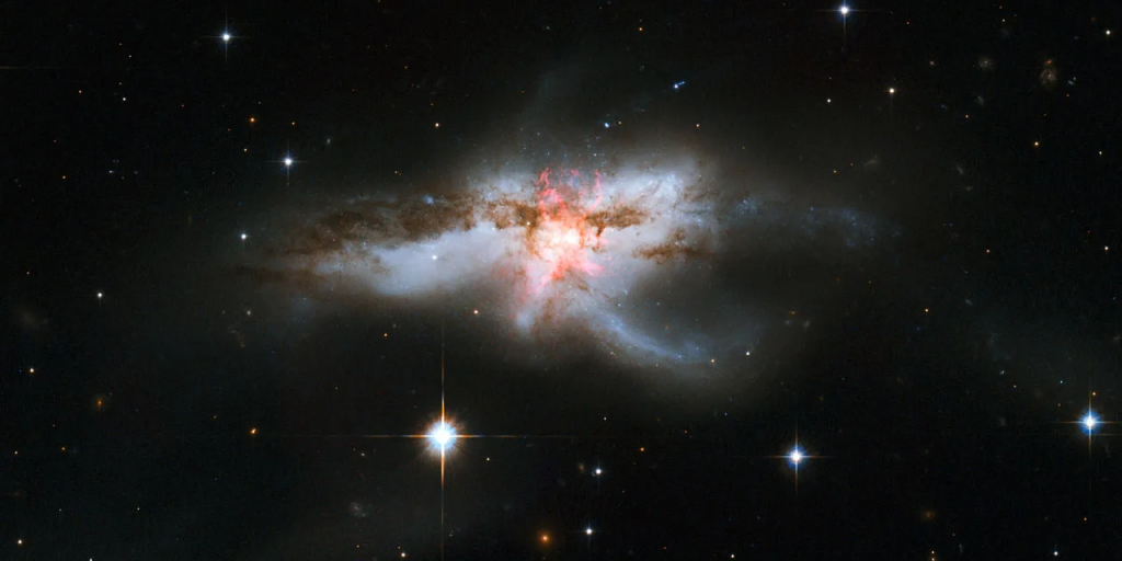 Hubble image of NGC 6240, a remnaant of the collision of three galaxies.